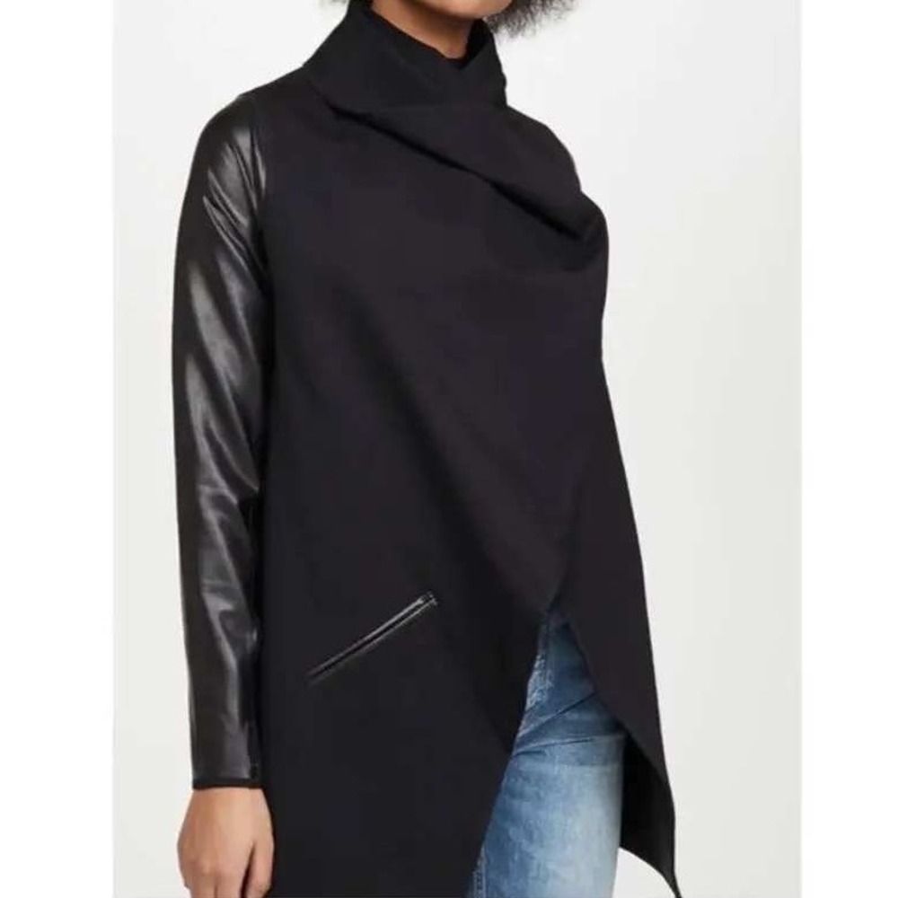Spanx Convertible Jacket Moto‎ Black Faux Leather Sleeve Open Front Pockets S